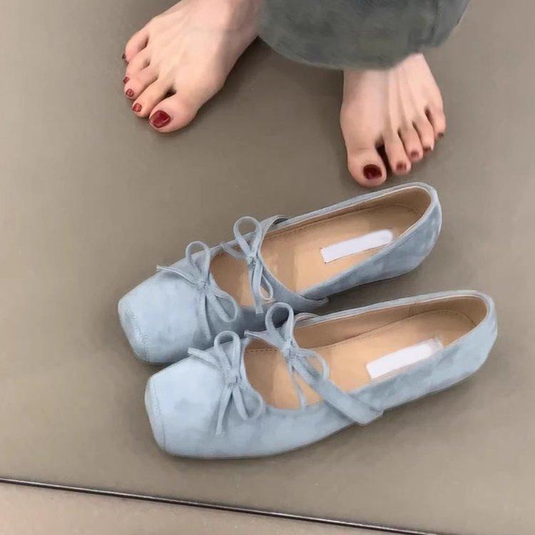 Non-slip Heightening Square Head Blue Bow Light Mouth Single Shoes Women's 2025 New Spring and Summer French Ballet Mary Jane