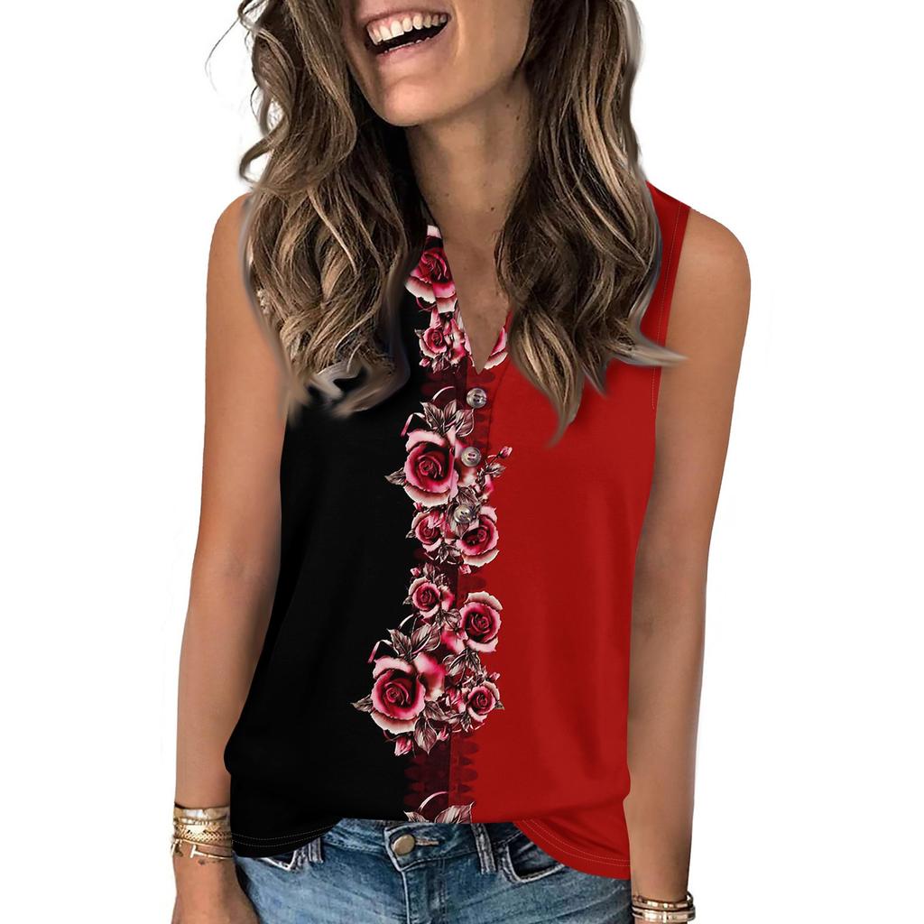 Damen Casual Mode Sommer Vintage Blumenmuster Tanktop V-Ausschnitt Ärmellos Knopfleiste Top