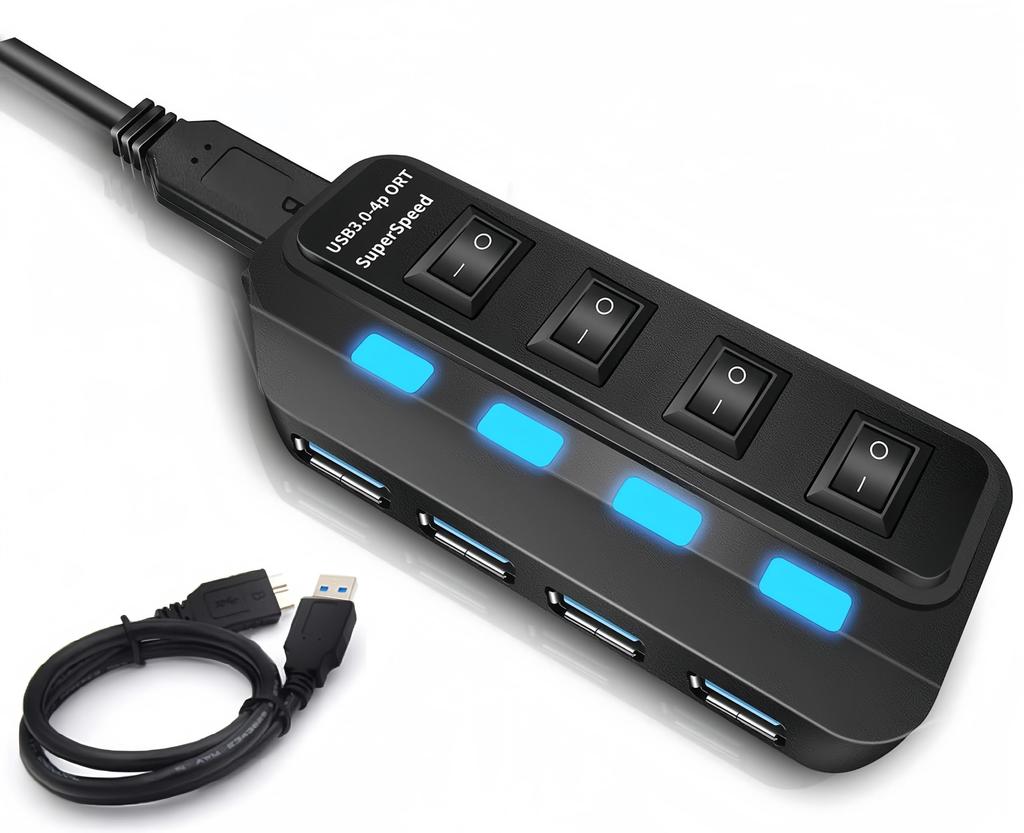 USB 5Gbps USB or USB Hub with LED AC USB Expansion USB Hub Compact 3.0 Hub, 4-Port High-Speed Hub, Self-Powered Bus-Powered, Blu-ray, Indicator, 5V/2A