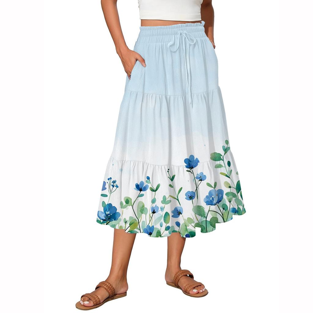 Women's Flowy Flared Ruffle Hem A Line Maxi Skirts Elastic Waist Elegant Tiered Layer Boho Long Skirts
