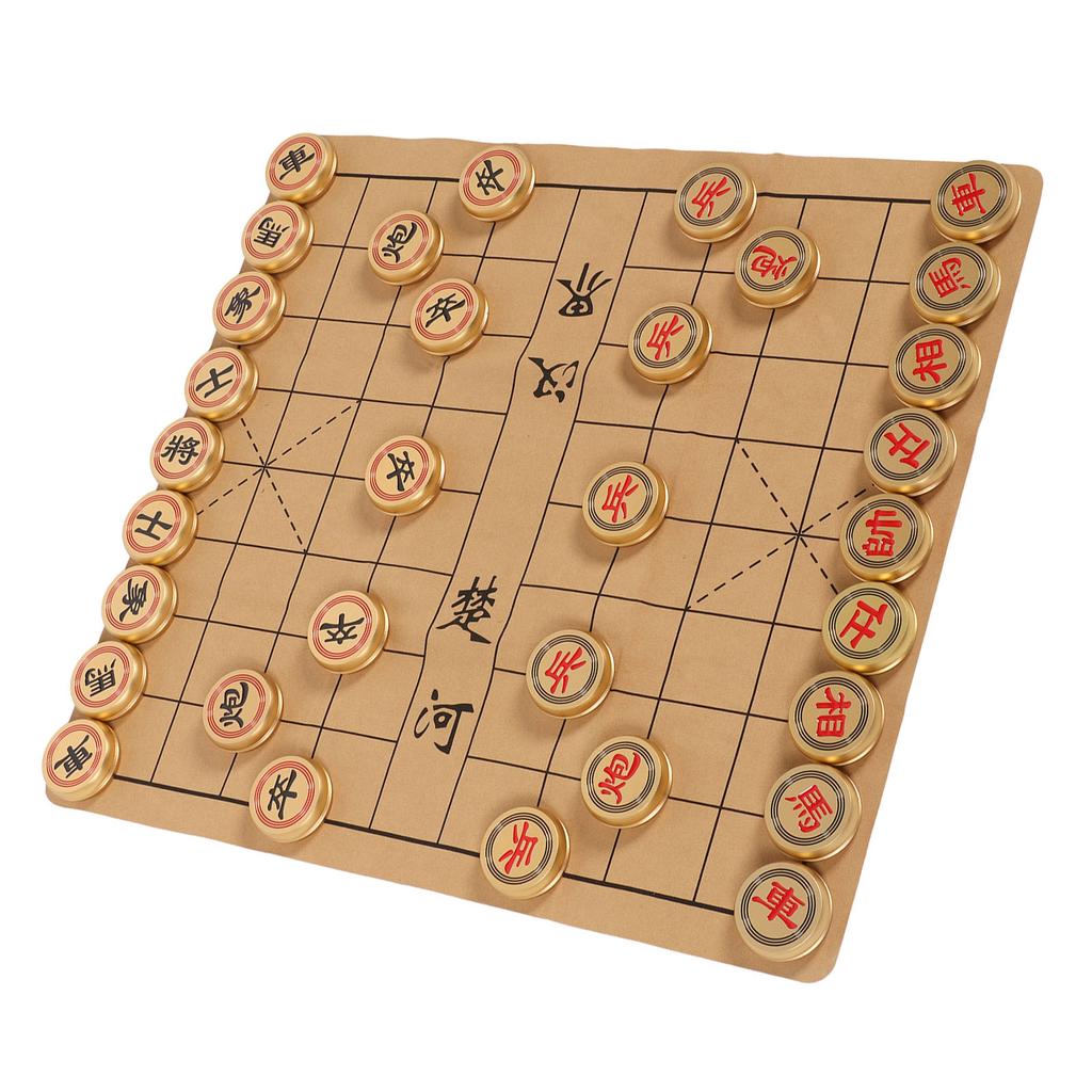 Chinese Chess Set Xiangqi Game Traditional Aluminium Golden Comfortable Touch with Storage Case Board Game for Collection