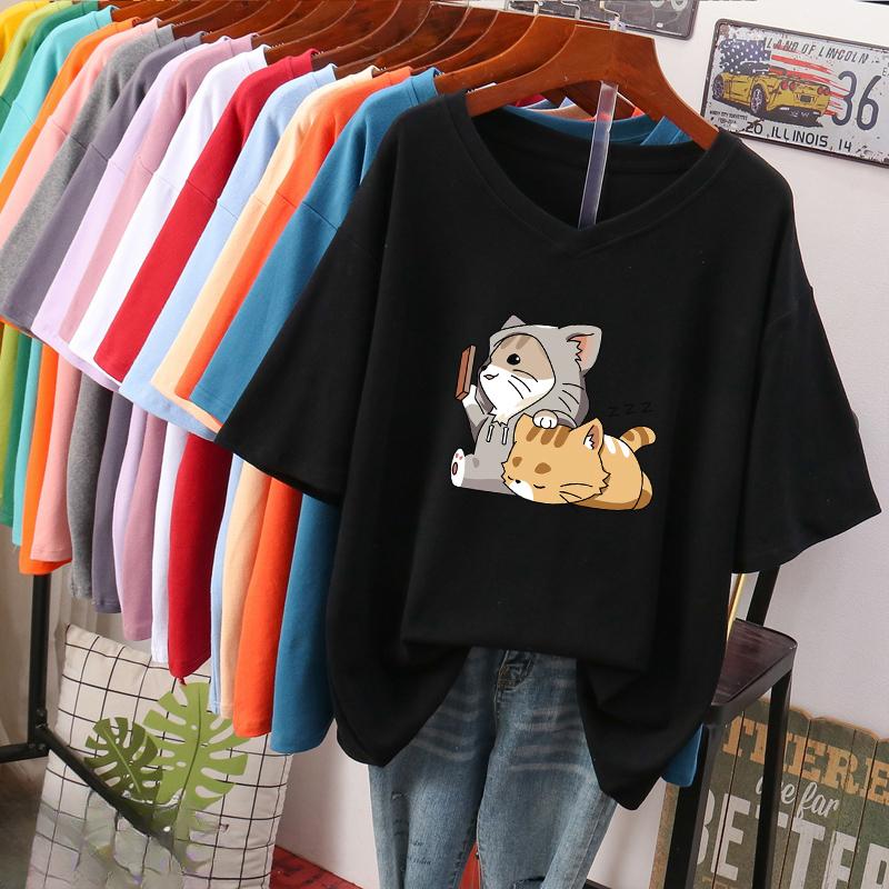 Kurzärmeliges T-Shirt, Locker sitzend, Schlankmachendes bedrucktes V-Ausschnitt-Top für Damen