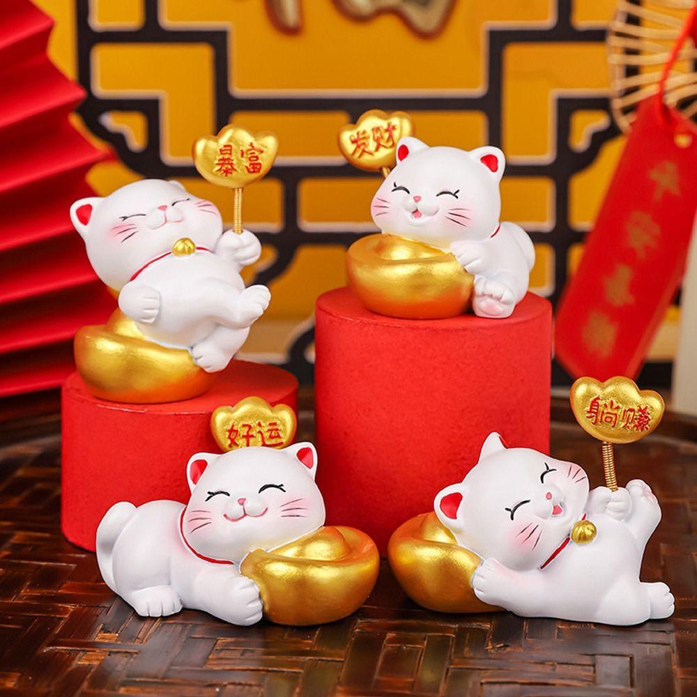 Cute Fortune Kitten Figurine Chinese Style Mini Cat Figurine Car Accessories