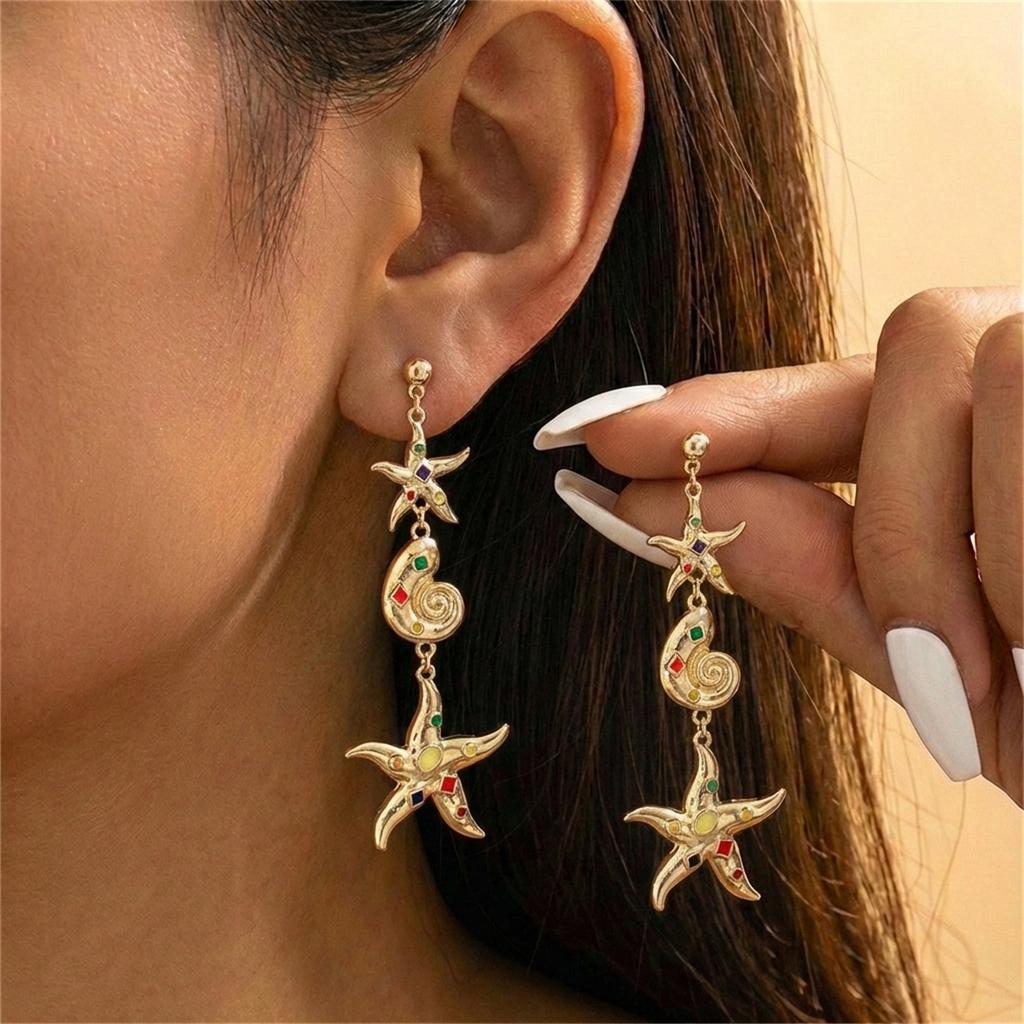 Bohemia Starfish Conch Pendant Earrings for Women Retro Colorful Zircon Irregular Geometric Ocean Earring Party Vacation Jewelry