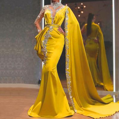 2025 New European and American Women's Clothing Ebay Evening Dress Yellow Sprinkled Gold Sequined Dress Long Dress Women