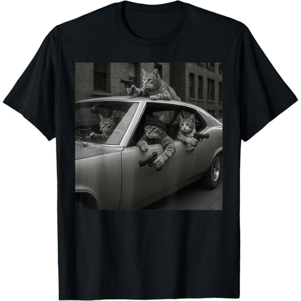 RUJUNMAN Men Women Funny Cat Gang Vintage Cute Kitten Gangster Cat T-Shirt
