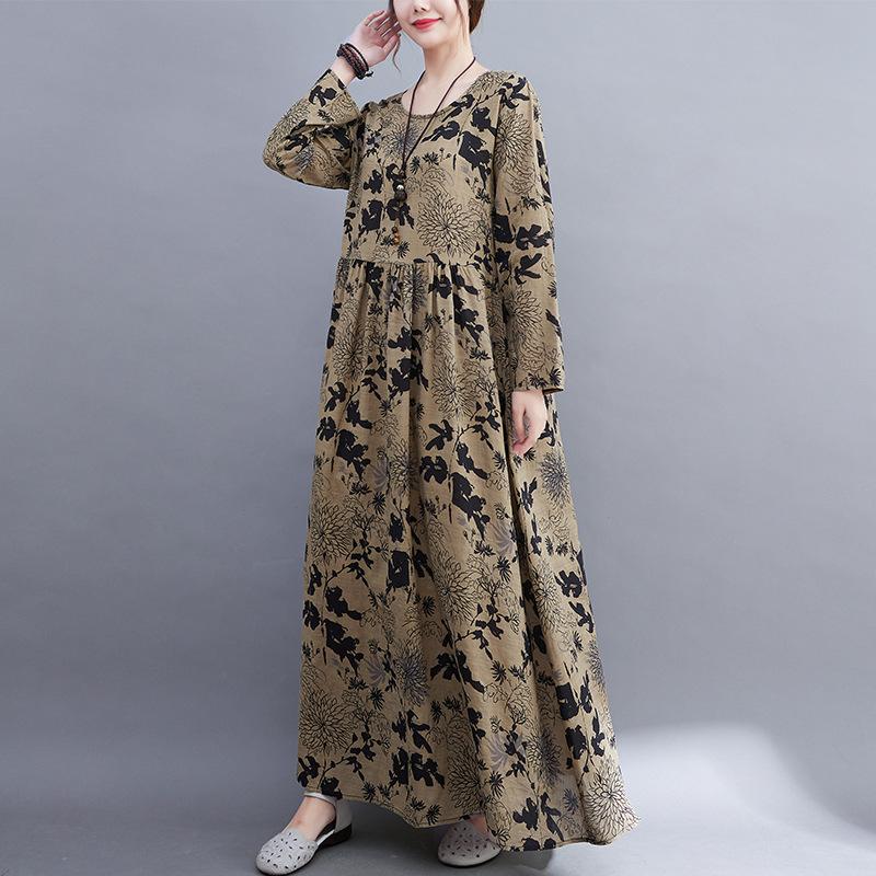 New Large Size Casual Printed Long-sleeved Dress Women Loose Fashion Long Skirt