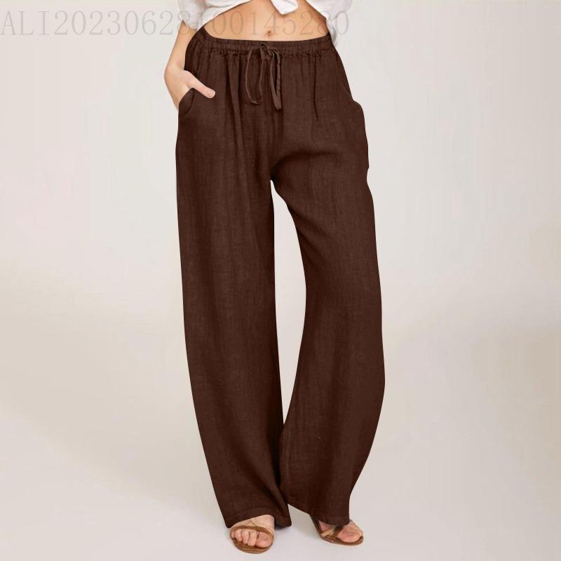 Casual Loose Wide-Leg Linen Pants with Elastic Lace-Up Waistband and Pockets