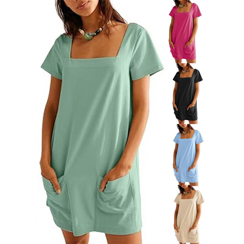 Quadratischer Ausschnitt Kurzarm Damen Freizeitkleid mit Taschen