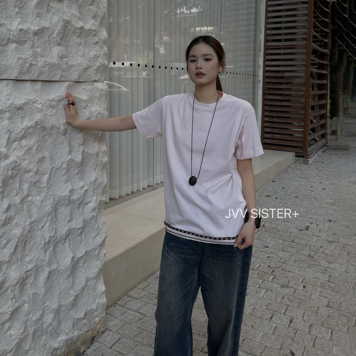 JVV Thirteen Lines 2025 Winter Women s Color Block Stripe Hem Loose Casual T-shirt One Size