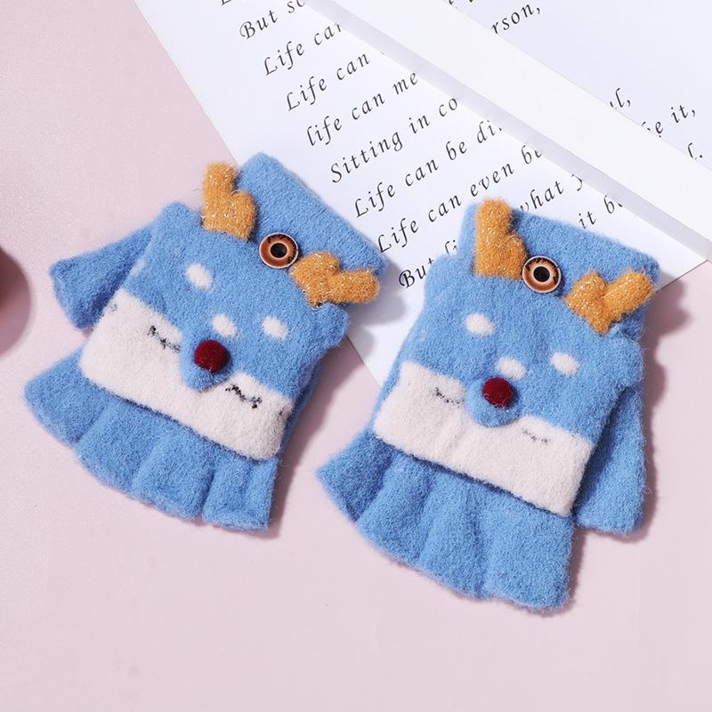 Winter knitted flip half-finger gloves jacquard deer imitation mink cover gloves baby warm back cover gloves