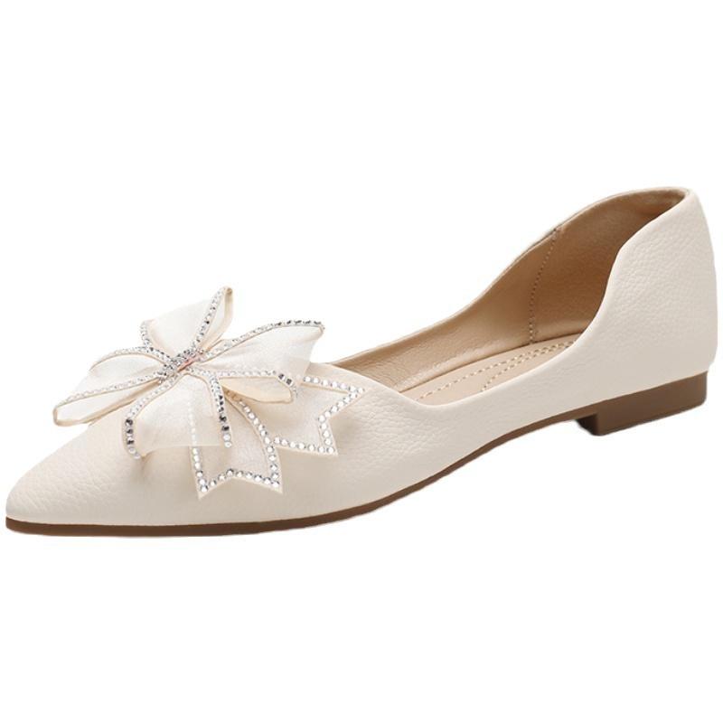 Flat shoes single shoes women's summer pointed 2025 new Doudou shoes shallow bow soft leather wedding shoes evening gentle shoes