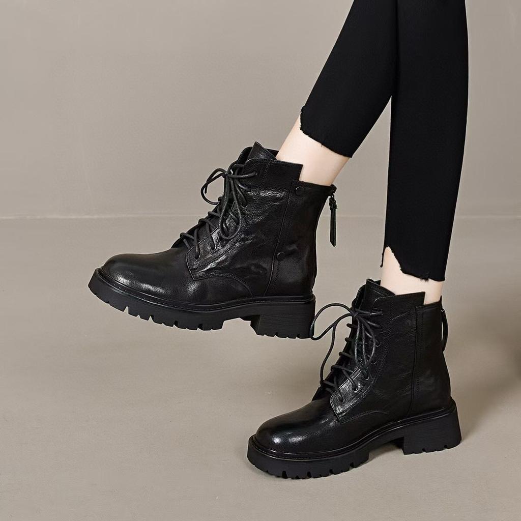 Short Boots Women's Martin Boots Autumn and Winter New Lace-up Casual Flat Leather Boots Button-back Zipper Women's Boots