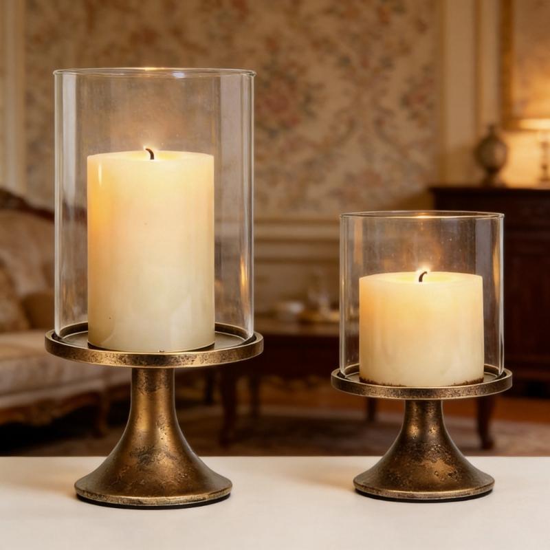 Conjunto de Castiçais à Prova de Vento para Mesa com Cúpula de Vidro Transparente e Bases em Tom Bronze para Centro de Mesa de Casamento, Decoração de Entrada para Casa