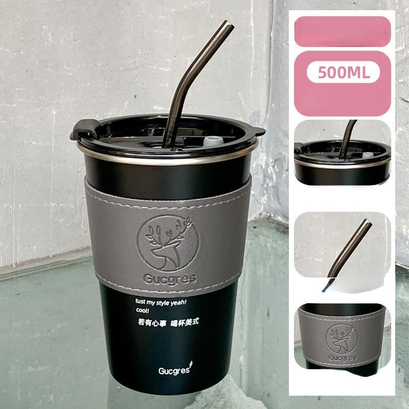 Stainless Steel Coffee Mug with Straw Lid Portable Coffee Cup Drinking Beer Milk Water Cup Restaurant Bar Party 500ml