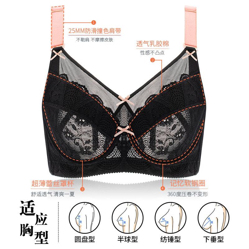 Large Size Underwear Female Sexy Ultra-thin Adjustment Type Large Breasts Show Small Gathering and Closing Sub-breasts Breathable Bra