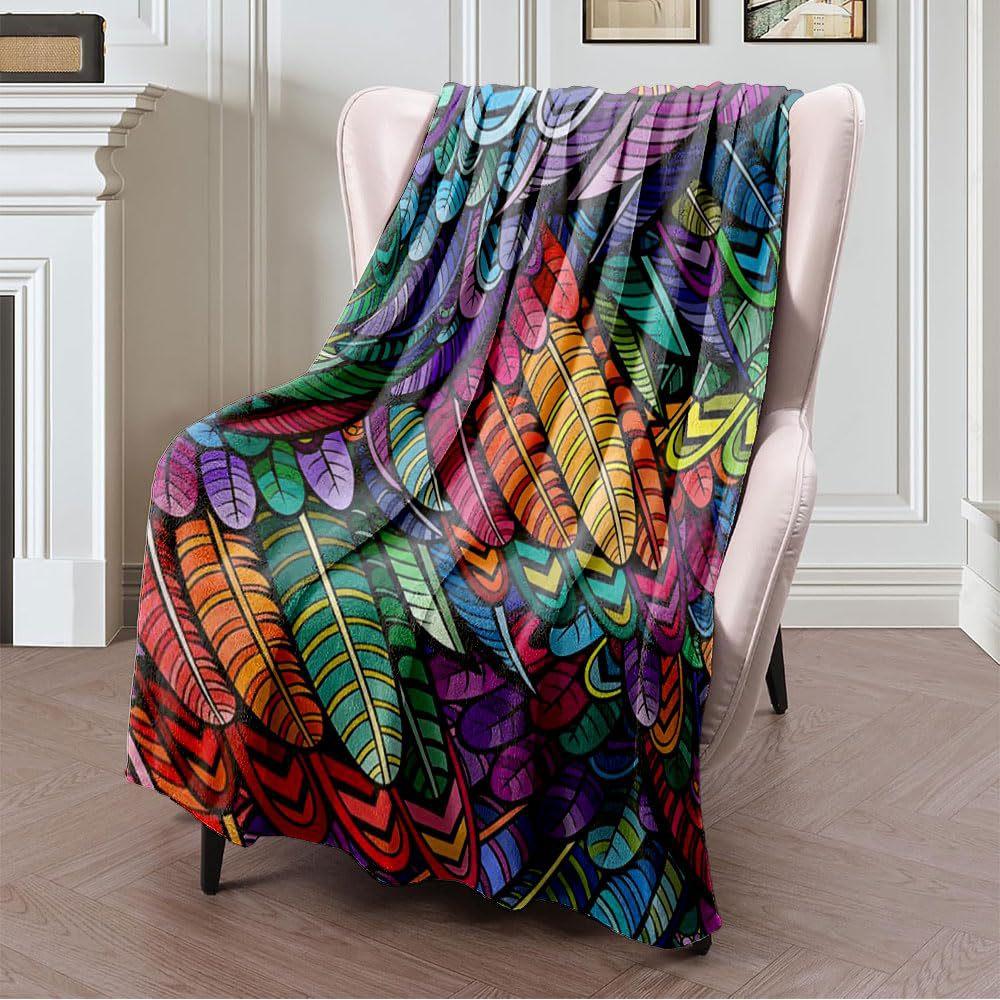 Colored Feather Printed Blanket Watercolor Bohemian Comfort Flannel Blanket For Sofa Bed Blanket