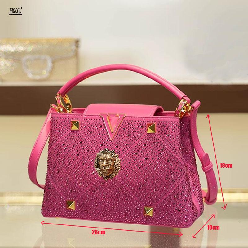 Fashion High-end Diamond Rose Red Women's Slippers Fish-mouthed Back Hollow Lion Cool Slippers Rhinestone Slippers Chain Bag Set B9