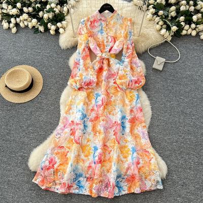Spring Pearl Button Lantern-sleeved Women's Dress with A Cinched Waist To Show Slimness and Hooked Flower Lace