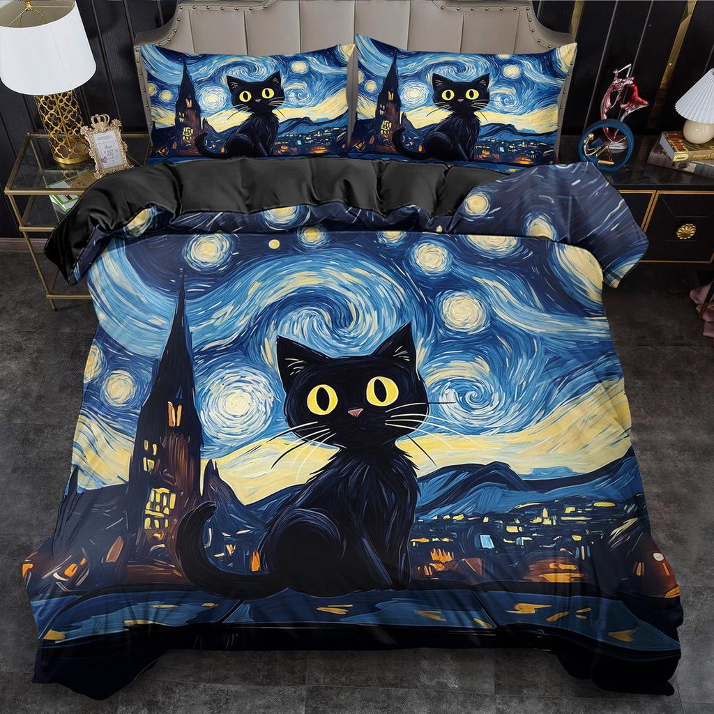 Black Cat Print Soft with Soft Fabric Duvet Cover Set King Quen Style Beding Set Polyester Machine Washable Quilt Decoration Bedrom Guest Rom