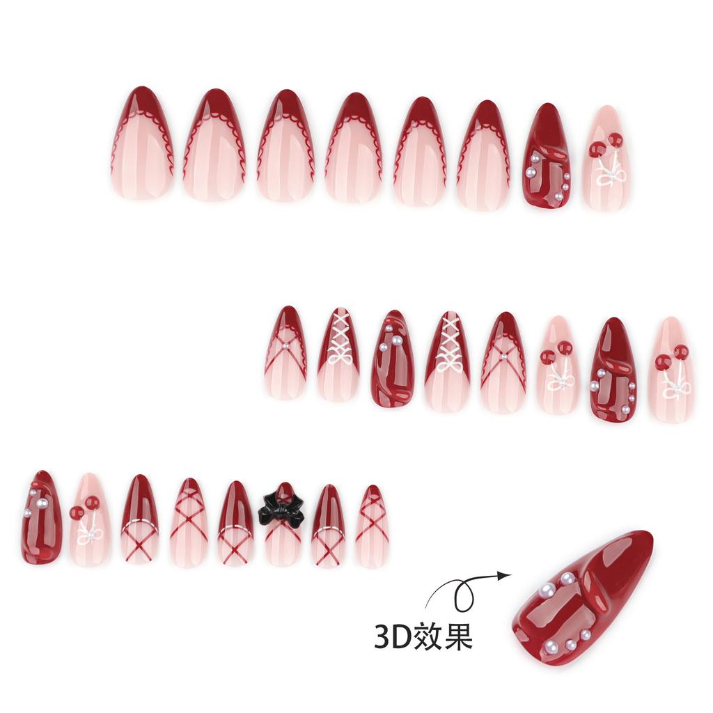 French Red 3D Wearing Nail Sweet Manicure Nail Piece Cherry Bow Wearing Fake Nail Piece