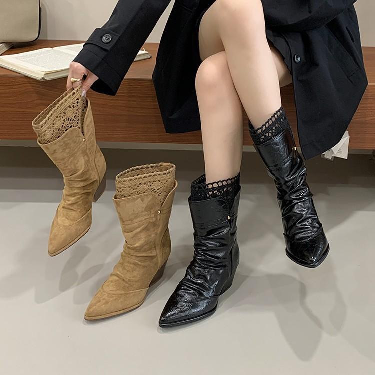 Autumn and winter 2025 new pointed thick heel medium boots lace edge sleeve high heel women's boots