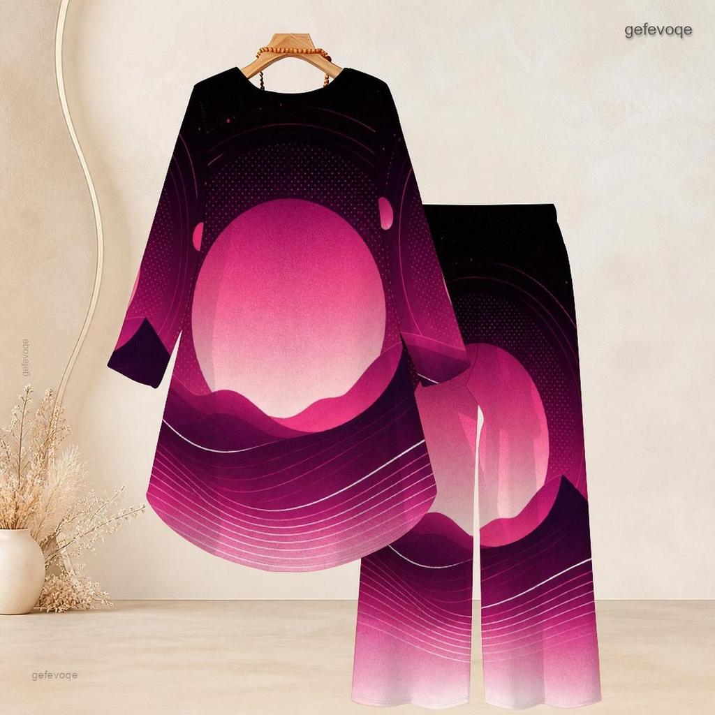 Women Plus Size Round Neck Long Sleeve Printed High Low Top Wide Leg Pants Two Piece Set Red Black