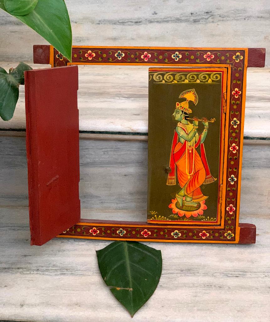 Handmade Radha Krishna Painting: Vintage Wooden Window Wall Decor