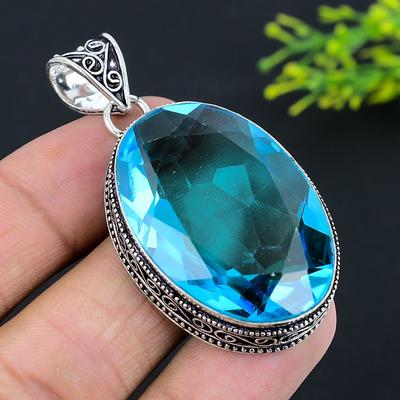 Naturalny Niebieski Topaz Kamień Szlachetny Ręcznie Robiony Srebro Próby 925 Wisiorek 2,25" y2T44