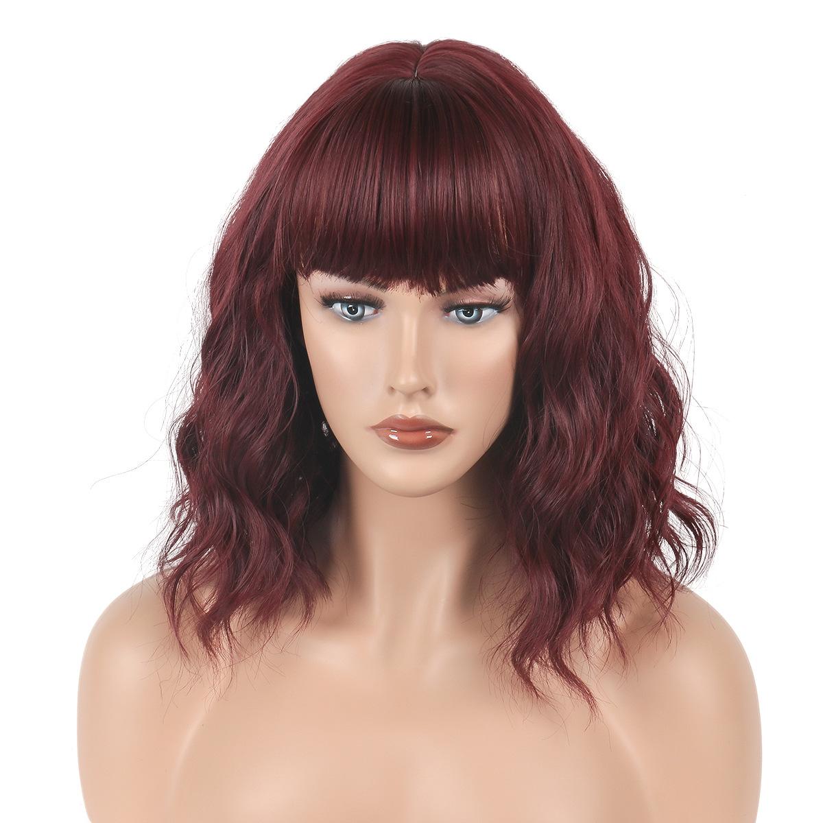 

Парик женский в европейском и американском стиле с кружевом спереди, термостойкий, синтетический, волнистый, с прямой челкой, женские, средней длины, с волнистыми локонами вино красного