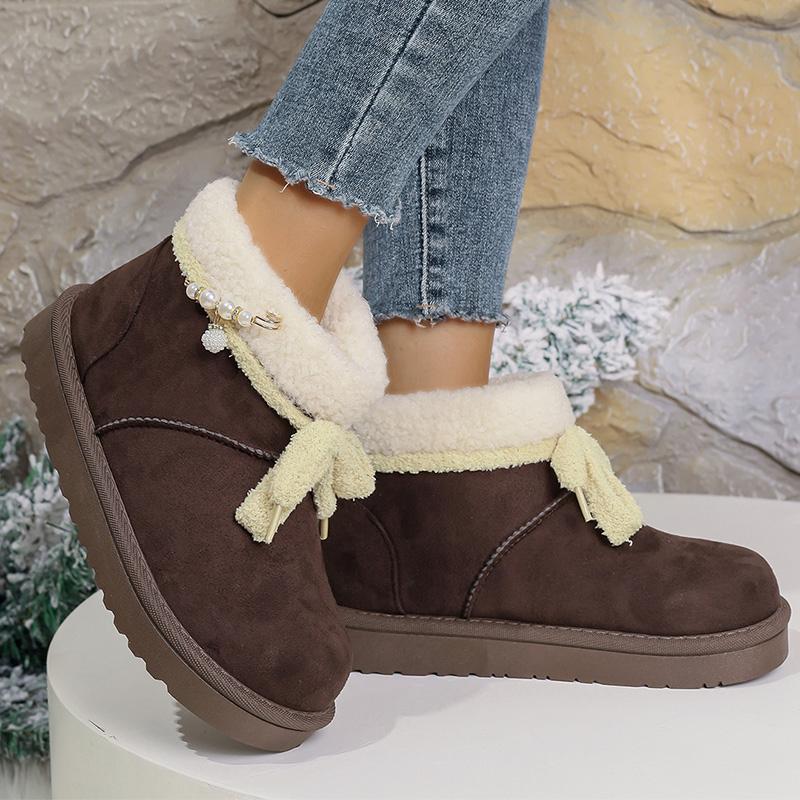 Luxury Lace Up Pearl Decoration Snow Boots Women 2025 Soft Faux Fur Ankle Boots Woman Solid Color Platform Warm Botas Mujer