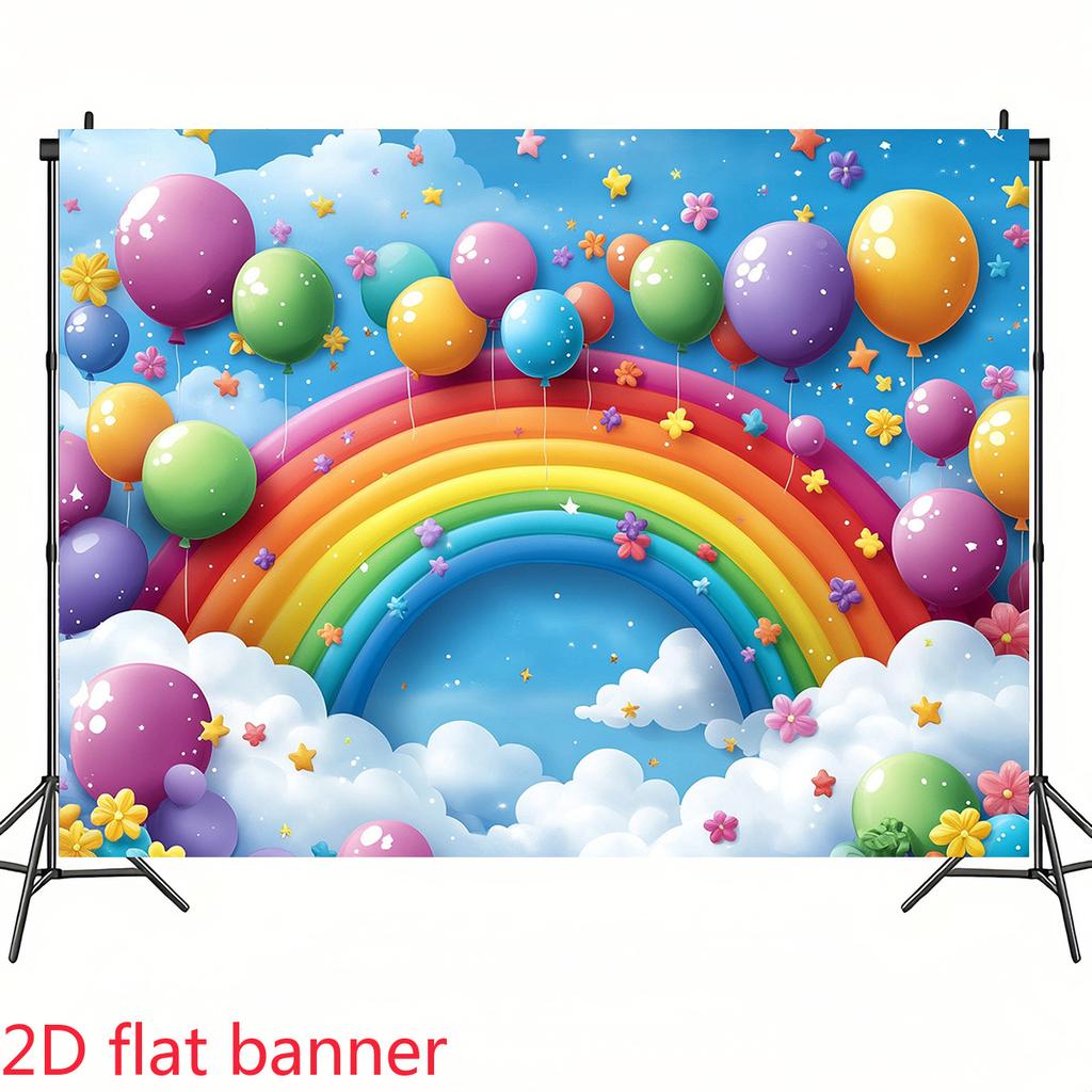 2D Flat Surface 1 Piece - a Bright Rainbow Arch Balloons and Cloud Background Fabric. Suitable for Birthday Parties.