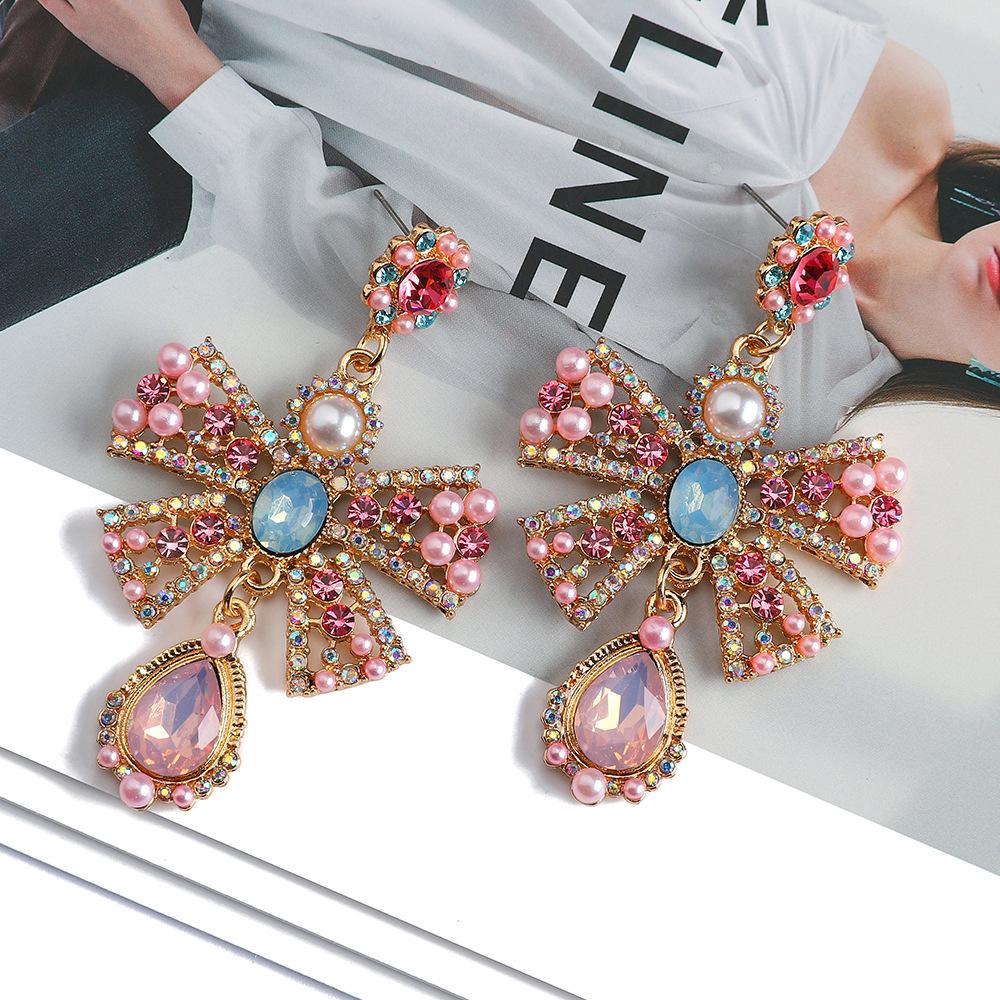 Fashionable Colorful Bow Earrings for Women Exaggerated Personality Light Luxury Earrings Heavy Industry Earrings Colorful Flowers