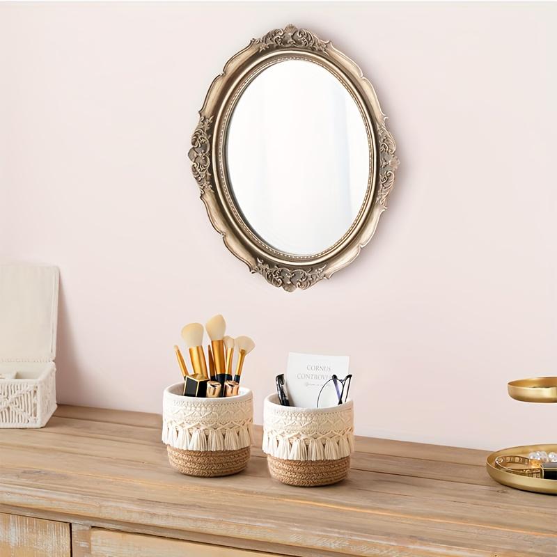 1pc Handcrafted Boho Chic Makeup Brush Holder,Dual-Tone Woven Cosmetic Storage Basket with Tassel Detail, Lightweight