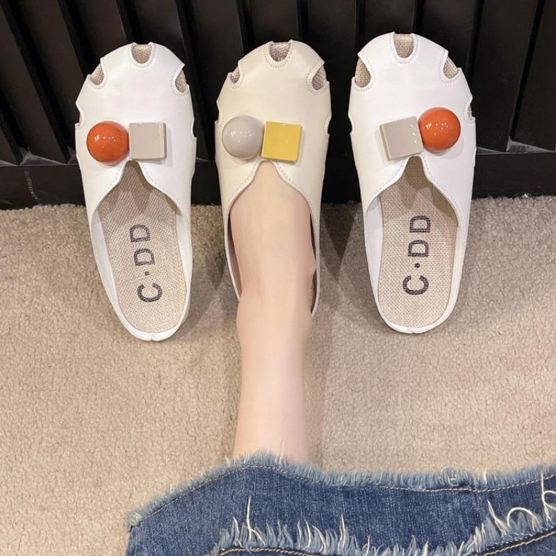 Fashion Shoes Women Loafers Slippers Summer Slides Low String Bead Pantofle Cover Toe Soft 2025 Flat Casual Rome Fabric Rubber Hoof Hee