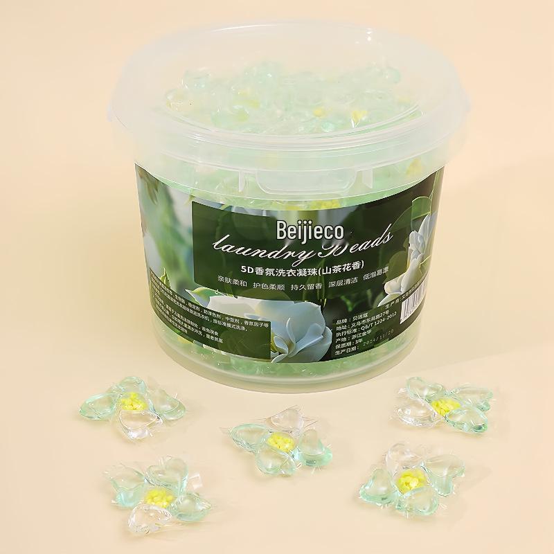 Cápsulas de Lavar Roupa Camellia 5 em 1: Fragrância Duradoura, Amaciante, Remoção de Manchas, Detergente Concentrado.