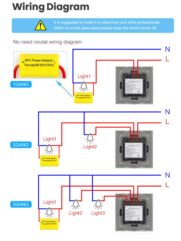 BSEED Single Live Wifi Touch Switch 1/2/3Gang Smart Glass Wall Switches Support Smart Life Google Alexa App Control No Neutral