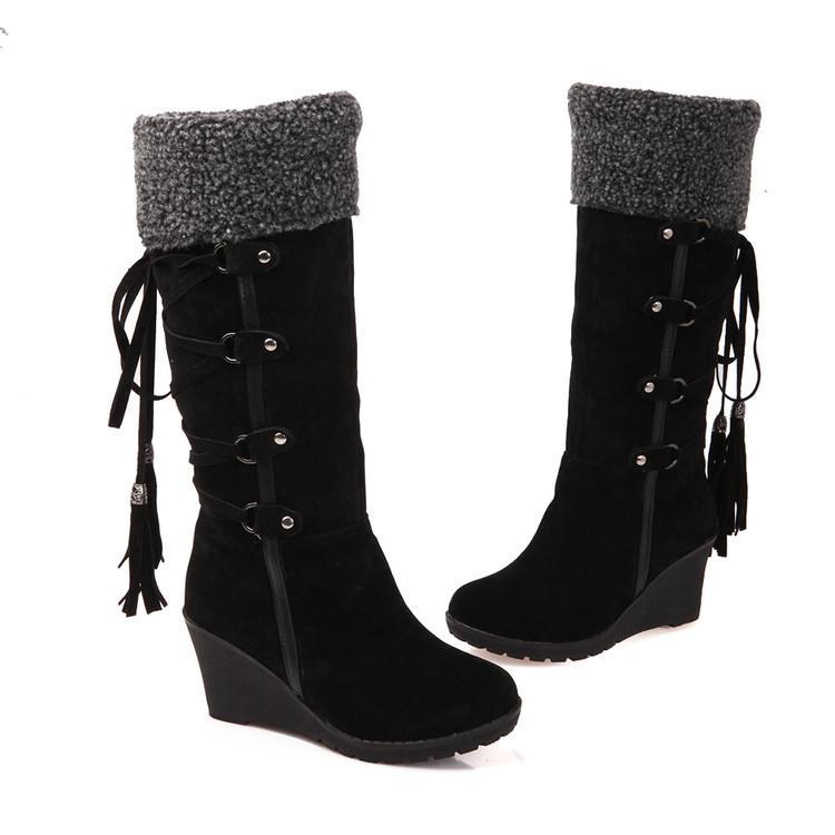New European and American large-size rear lace-up fringed high boots, sleeve wedge heel snow boots