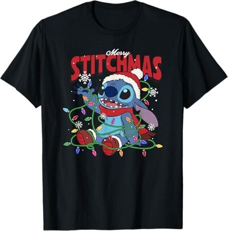 Lilo Stitch Merry Stitchmas Messy Christmas Lights Black TShirt S