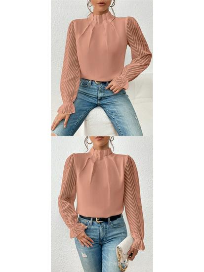 Women's Autumn/Winter Half-High Collar Chiffon Top with Patchwork Wave Pattern