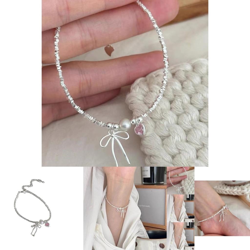 Chic Silver Bow Bracelet With Pink Heart Pendant Fresh And Graceful Summer Womens Jewelry