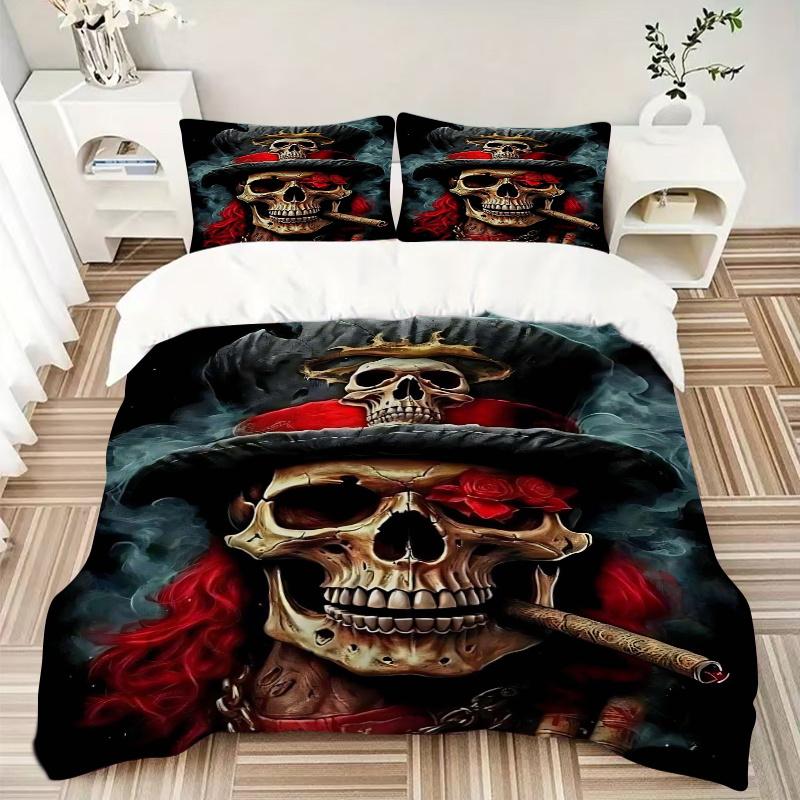 3pcs Skulls in Hats Quilt Cover Set - Soft and Cozy Bedroom, Guest Room and Dorm Decorative Bedding 3-Piece Set 1 Quilt Cover + 2 Pillow Shams.J0