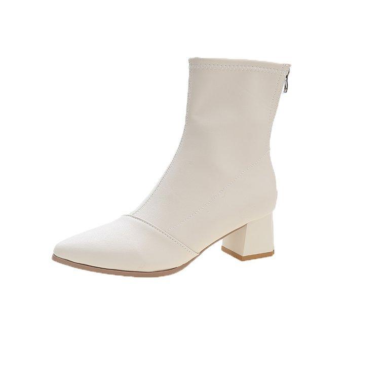 

Ботинки Martin с острым носком, корейская версия, высокие толстые каблуки, короткие ботинки на молнии для женщин 37 бежевый