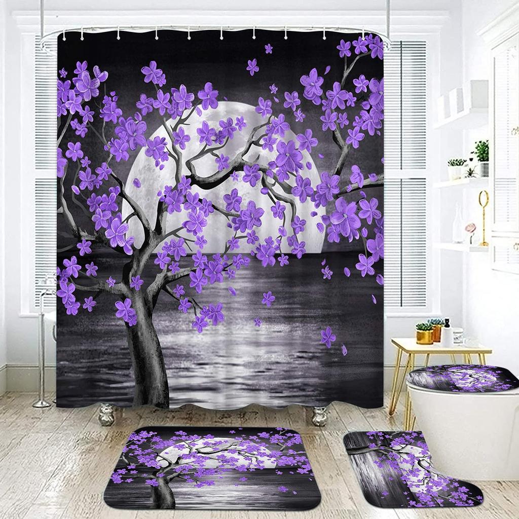 Moon Phase Moonlit Shower Curtain Set Black Celestial Flower Floral Herbs Ivy Surrounded Vines Toilet Lid Cover Bath Mat Rug Set