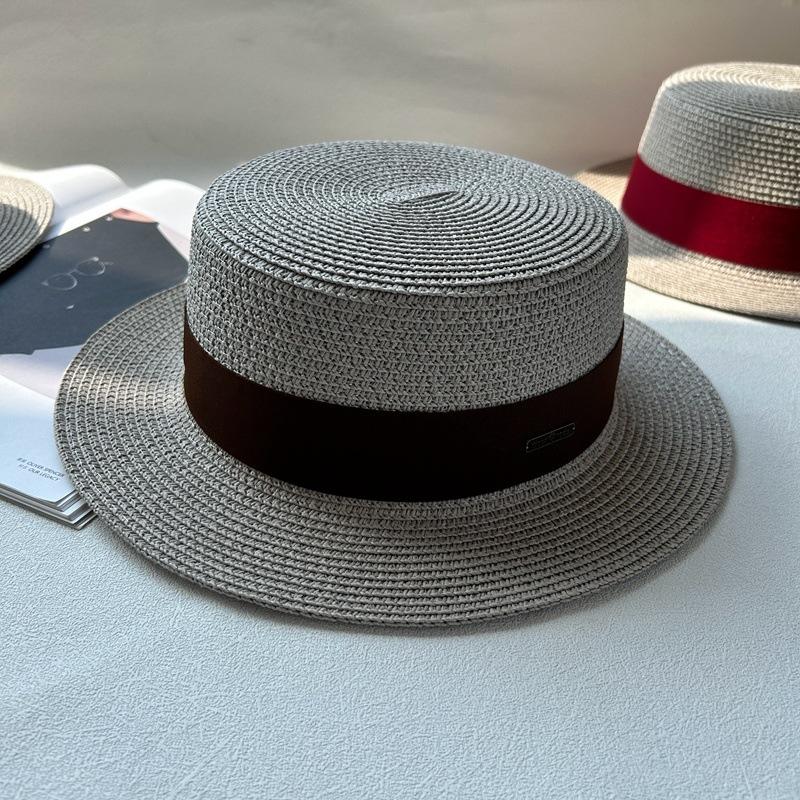 Flat Top Hat Women's Summer Vacation Seaside Panama Hat Flat Edge French Beach Hat Braided Sunshade Sunscreen Top Hat
