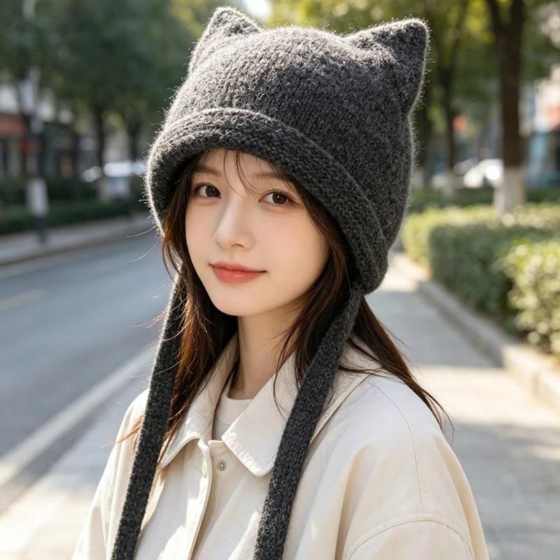 Cute cat ears lace-up knitted wool hat women's autumn and winter outdoor warmth versatile and thin bag head ear protection hat