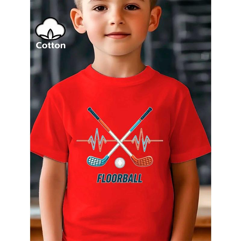 European sizes Floorball Boys' T-shirts Boys' Creative T-shirts, Casual, Lightweight and Comfortable Short-sleeved Tops, Summer Children's Clothing