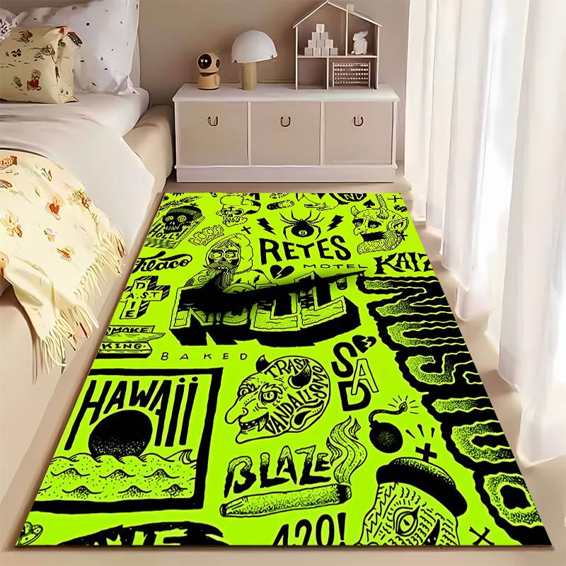 Green Cartoon Punk Art Carpet Suitable As a Non-slip Mat for the Living Room or Bedroom Sofa