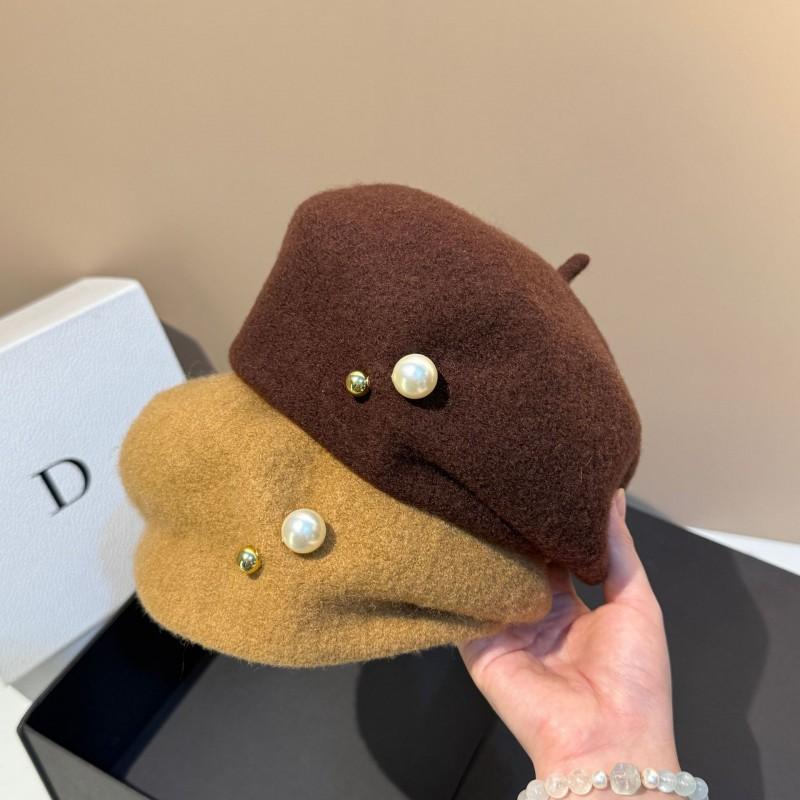 High Quality Light Luxury Irregular Wool Beret Winter Warm Slim Face Pearl Painter Hat