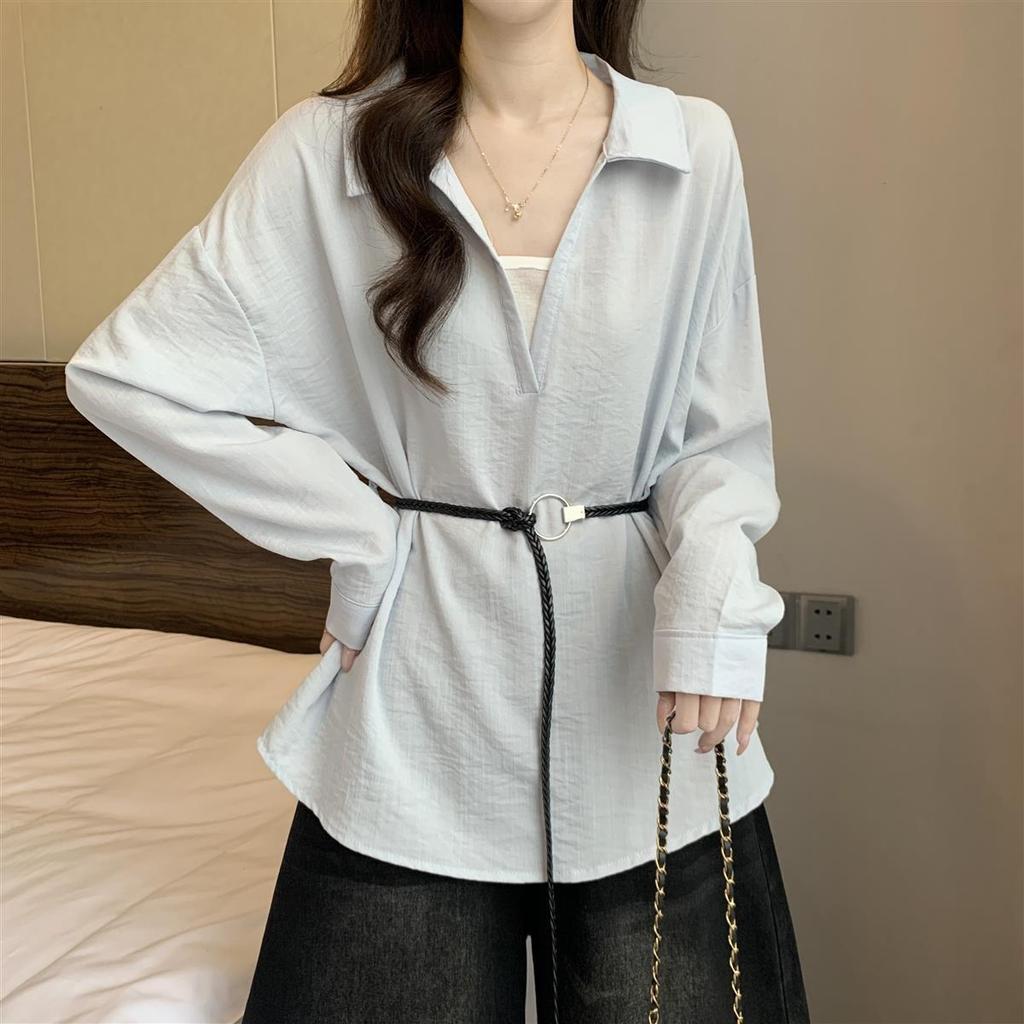 Korean-style V-neck Long-sleeve Shirt for Women, 2026 Spring and Autumn New Model, Versatile for Commuting, Faux Two-piece Top